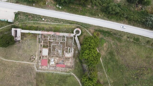 Aerial view of ruins of ancient Roman city Nicopolis ad Nestum near town of Garmen, Blagoevgrad Region, Bulgaria
