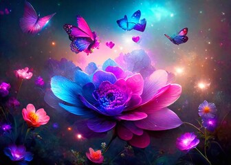 Fototapeta na wymiar Generative AI fantasy Valentine's Day background Beautiful flowers and butterflies