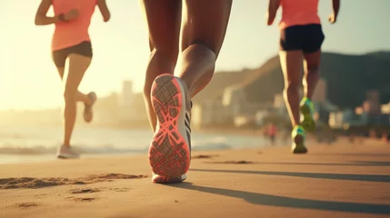Foto auf Glas Runner athlete running on beach. woman fitness jogging workout wellness concept. Generative AI © AlexandraRooss