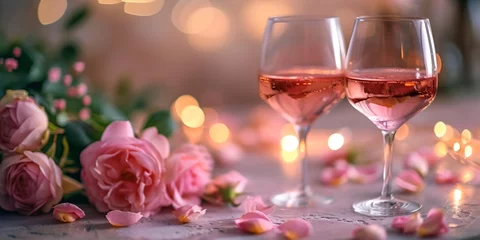 Schilderijen op glas Two glasses with pink rose wine and flowers. Romantic atmosphere for valentine’s day © Valery