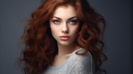 Fototapeta premium Beautiful young woman with long curly red hair. Studio shot. Generative AI