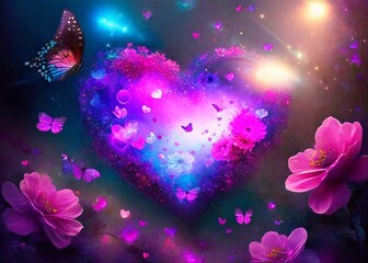 Fototapeta na wymiar Generative AI fantasy Valentine's Day background Beautiful flowers and butterflies