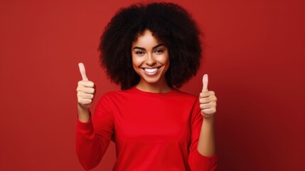 Cheerful african american woman showing thumbs up over red background Generative AI
