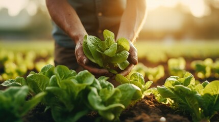 Naklejka na ściany i meble Farmer hand holding fresh green lettuce seedling in vegetable garden at sunset Generative AI