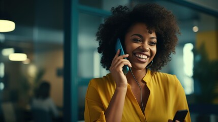 Cheerful african american businesswoman talking on phone and smiling while standing in office Generative AI - Powered by Adobe