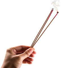 Hand lighting incense sticks isolated on white background, detailed, png
