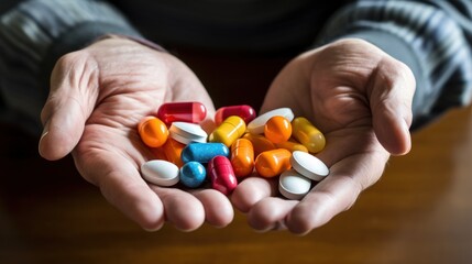 Close up of male hands holding colorful pills. Focus on foreground. Generative AI