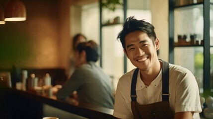 Young asian man sitting at table in cafe. Portrait of nice young man. AI Generated