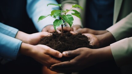 Close up of business people hands holding green sprout in soil. Generative AI
