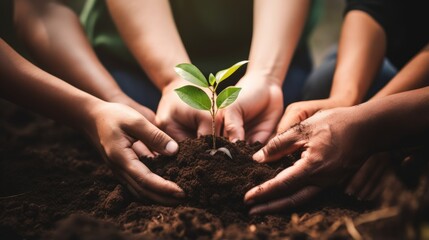 Close up of hands holding green plant with soil background. Earth day concept. Generative AI