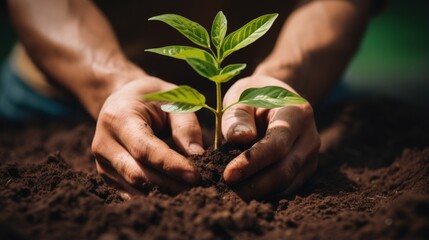 Hands holding a young green plant with soil background, Ecology concept Generative AI