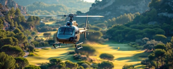 A modern helicopter flying above a vast beautiful golf course, sunny day - Powered by Adobe