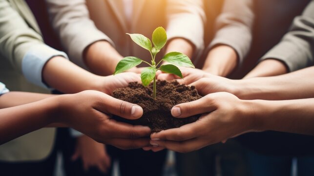 Close up of human hands holding green sprout in soil. Earth day concept Generative AI