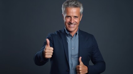 Handsome mature man showing thumbs up gesture on grey background. Generative AI - obrazy, fototapety, plakaty