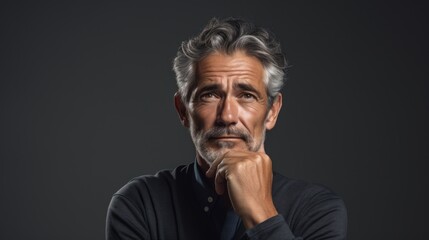 Fototapeta premium Portrait of a pensive mature man with grey hair, isolated on dark background Generative AI