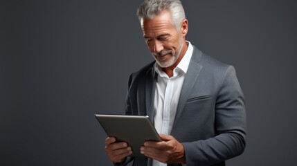 Handsome mature businessman using tablet computer while standing against grey background Generative AI