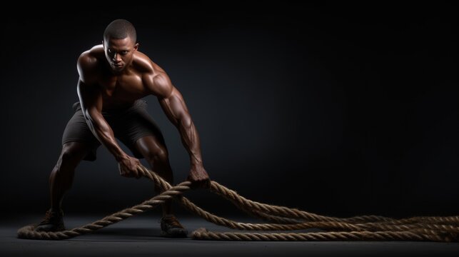 Muscular african american man working out with battle ropes on dark background Generative AI