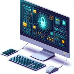 Computer screen with secure connection status isolated on white background, cartoon style, png
