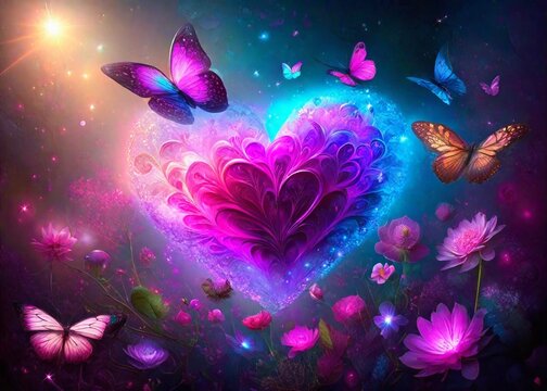Generative AI fantasy Valentine's Day background Beautiful flowers and butterflies