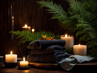 Obraz na płótnie Canvas Personal Spa Sanctuary - Towel on Fern, Candles, Hot Stone on Wooden Background. Experience One-Person Massage Therapy and Beauty Spa Treatment in Tranquil Bliss