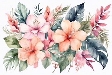 watercolor tropical flowers painting, ideal for cards and invitations, flowers on white background
