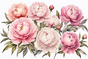 watercolor pink peonies, ideal for cards and invitations, flowers on white background - obrazy, fototapety, plakaty