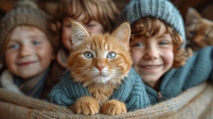 A close-up portrait of cheerful children playing with a red cat, expressing pure joy and happiness