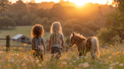 Cheerful children playing with foal and horse in a beautiful meadow outdoors