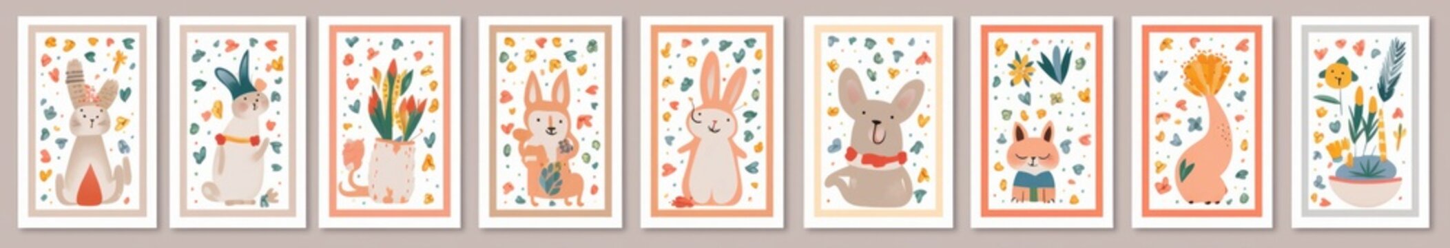 Baby posters and cards with animals and flowers pattern.  illustrations with cute animals. Nursery baby illustrations, Generative AI 