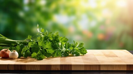 Cutting board and bunch of parsley. Empty space for business template and product presentation in kitchen. Concept of food and cuisine. AI Generated