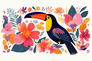 Trendy creative beautiful illustration with toucan and flowers on a white background. Blooming design with bird.  colorful illustration with tropical flowers, leaves and, Generative AI 