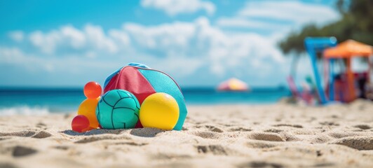 Fototapeta na wymiar Colorful beach toys on the sandy beach. Summer holidays