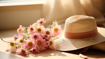 Fototapeta na wymiar Summer hat and bouquet of flowers on windowsill,