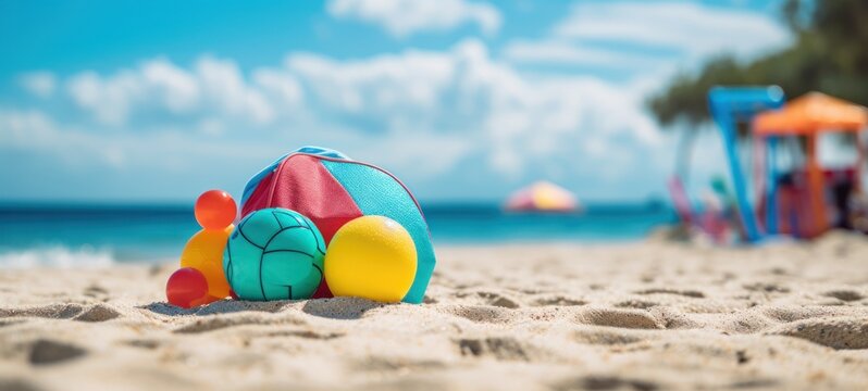 Colorful beach toys on the sandy beach. Summer holidays