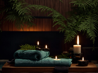Obraz na płótnie Canvas Wooden Tranquility Escape - Towel, Candles, Hot Stone Massage. Indulge in One-Person Beauty Spa Treatment and Relaxation Concept in a Candlelit Haven