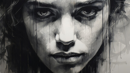 Tear tracks remain, ink painting of a woman with tears. - obrazy, fototapety, plakaty