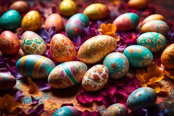 Fototapeta na wymiar Softly focused Easter eggs with intricate designs resting on a bed of colorful petals, creating a serene and festive ambiance.