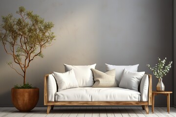 Modern bright interior with empty frame . 3D rendering