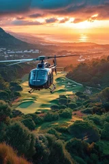 Abwaschbare Fototapete A modern helicopter flying above a vast beautiful golf course, sunny day © piai