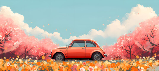 banner of little car on the flower background. Concept of spring travel 