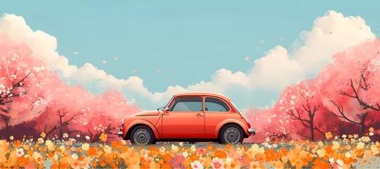 Tuinposter banner of little car on the flower background. Concept of spring travel  © Kateryna Kordubailo
