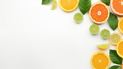Fresh Citrus Slices and Green Leaves on White Background, Vibrant Tropical Fruit Composition with Copy Space for Text or Promotion, Healthy and Organic Citrus Concept for Nutrition Advertising.