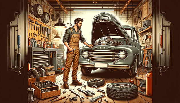 A vintage garage scene with a mechanic working on a classic car, surrounded by organized tools, spare tires, and car parts.Car repair service concept. AI generated.