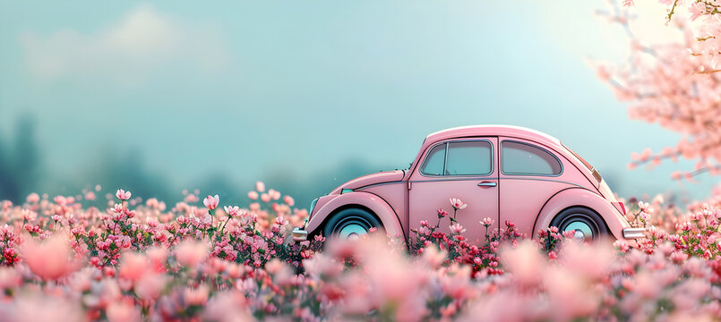 banner of little car on the flower background. Concept of spring travel 