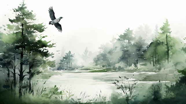 Ink landscape painting of flying bird in grass