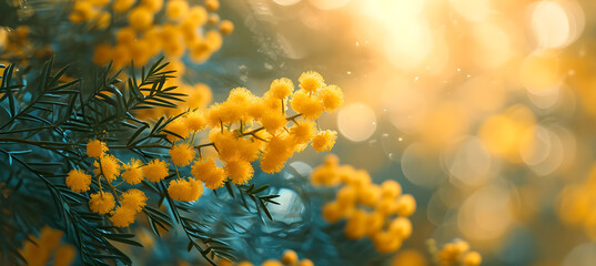 banner of mimosa. 8 March flowers  - obrazy, fototapety, plakaty