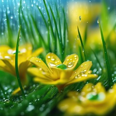 water drops on grass and yellow flower