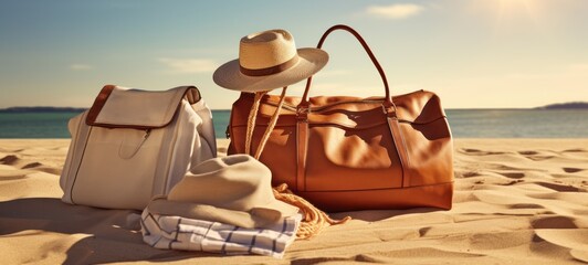 Beach bag and hat on the sand. Travel and vacation concept