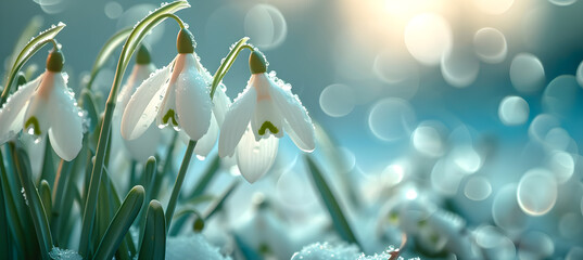banner of Snowdrops grow from under the snow