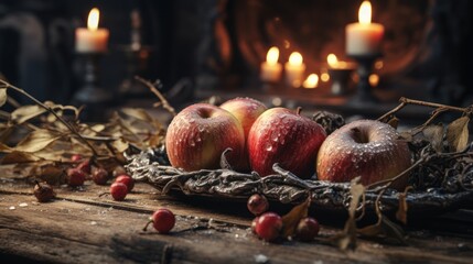 ripe red apples on a wooden table.